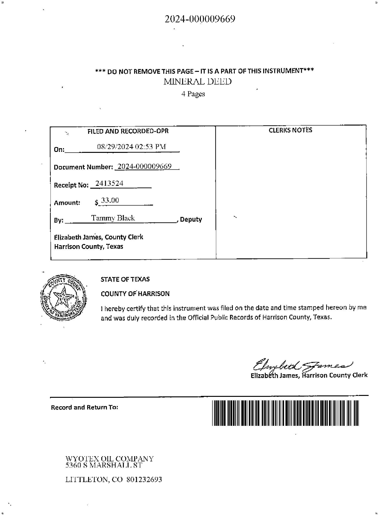 Texas Royalty Corp - Recorded Mineral Deed (Doc #DOC646S9519)